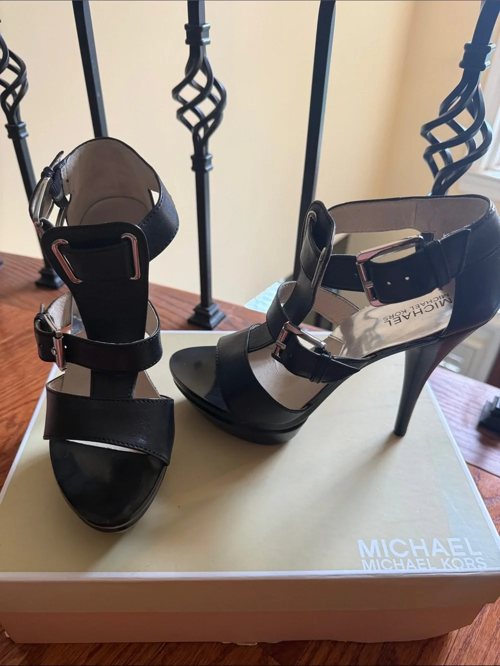 Michael Kors Black Leather Strappy Buckle Heels